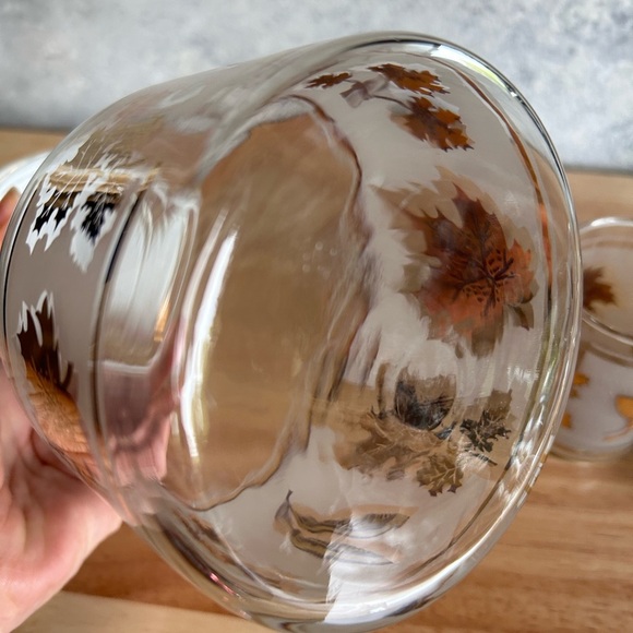 Vintage Libbey 3 Juice Glasses Gold Maple Leaf Frosted Lidded Kraft Pitcher MCM - Picture 10 of 12